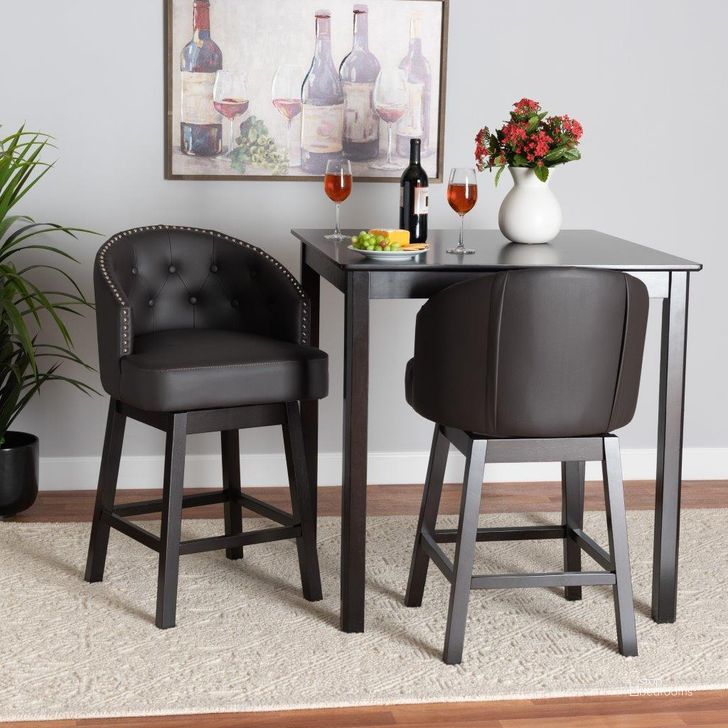 The appearance of Baxton Studio Theron Mid-Century Transitional Dark Brown Faux Leather And Espresso Brown Finished Wood 2-Piece Swivel Counter Stool Set designed by Baxton Studio in the transitional interior design. This dark brown piece of furniture  was selected by 1StopBedrooms from Theron Collection to add a touch of cosiness and style into your home. Sku: BBT5210C-Brown/Dark Brown-CS. Product Type: Barstool. Material: Plywood. Image1