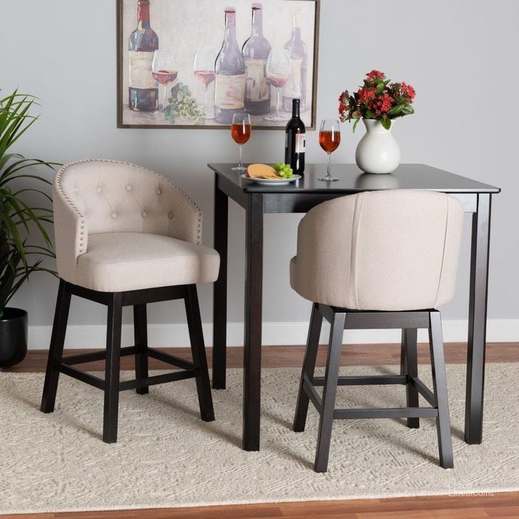 The appearance of Baxton Studio Theron Mid-Century Transitional Light Beige Fabric And Espresso Brown Finished Wood 2-Piece Swivel Counter Stool Set designed by Baxton Studio in the transitional interior design. This light beige piece of furniture  was selected by 1StopBedrooms from Theron Collection to add a touch of cosiness and style into your home. Sku: BBT5210C-Light Beige/Dark Brown-CS. Product Type: Barstool. Material: Plywood. Image1