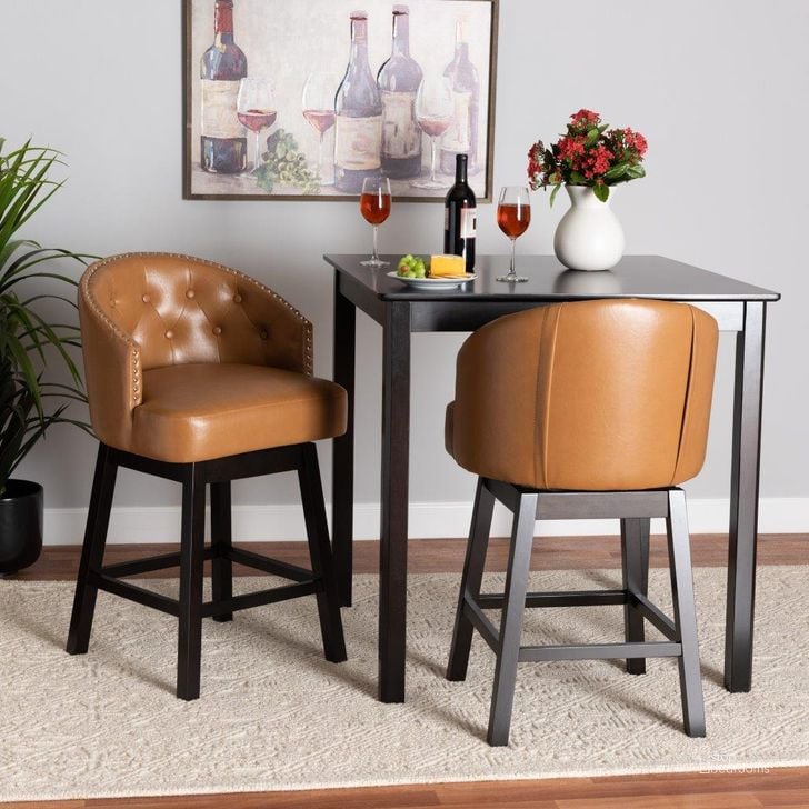 The appearance of Baxton Studio Theron Mid-Century Transitional Tan Faux Leather And Espresso Brown Finished Wood 2-Piece Swivel Counter Stool Set designed by Baxton Studio in the transitional interior design. This tan piece of furniture  was selected by 1StopBedrooms from Theron Collection to add a touch of cosiness and style into your home. Sku: BBT5210C-Tan/Dark Brown-CS. Product Type: Barstool. Material: Plywood. Image1