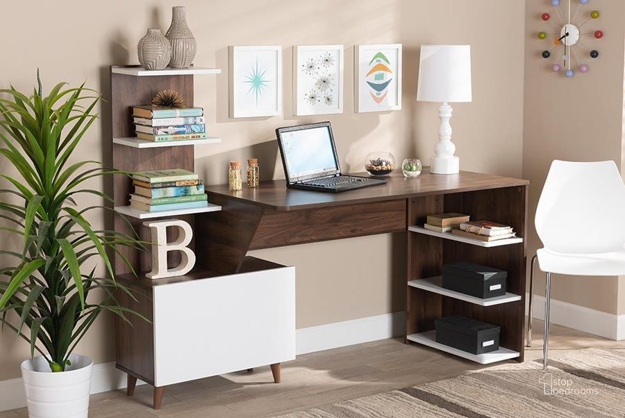 The appearance of Baxton Studio Tobias Mid-Century Modern Two-Tone White and Walnut Brown Finished Wood Storage Computer Desk with Shelves designed by Baxton Studio in the transitional interior design. This white piece of furniture  was selected by 1StopBedrooms from Tobias Collection to add a touch of cosiness and style into your home. Sku: SESD8012WI-Columbia/White-Desk. Product Type: Computer Desk. Material: MDF. Image1
