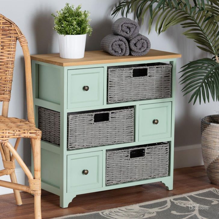 The appearance of Baxton Studio Valtina Modern and Contemporary Two-Tone Oak Brown and Mint Green Finished Wood 3-Drawer Storage Unit with Baskets designed by Baxton Studio in the modern / contemporary interior design. This gray and green piece of furniture  was selected by 1StopBedrooms from Valtina Collection to add a touch of cosiness and style into your home. Sku: FZC20119-Cabinet. Material: Wood. Product Type: Storage Cabinet. Image1