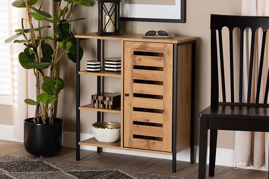 The appearance of Baxton Studio Vander Modern And Contemporary Oak Brown Finished Wood And Black Finished Metal 1-Door Shoe Storage Cabinet designed by Baxton Studio in the modern / contemporary interior design. This oak brown piece of furniture  was selected by 1StopBedrooms from Vander Collection to add a touch of cosiness and style into your home. Sku: MP008-Wotan Oak-Shoe Cabinet. Material: MDF. Product Type: Shoe Cabinet. Image1