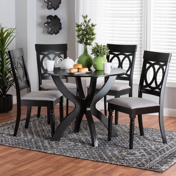 The appearance of Baxton Studio Velia Modern Grey Fabric And Dark Brown Finished Wood 5-Piece Dining Set designed by Baxton Studio in the modern / contemporary interior design. This grey and dark brown piece of furniture  was selected by 1StopBedrooms from Velia Collection to add a touch of cosiness and style into your home. Sku: Velia-Grey/Dark Brown-5PC Dining Set. Product Type: Dining Room Set. Material: Rubberwood. Image1
