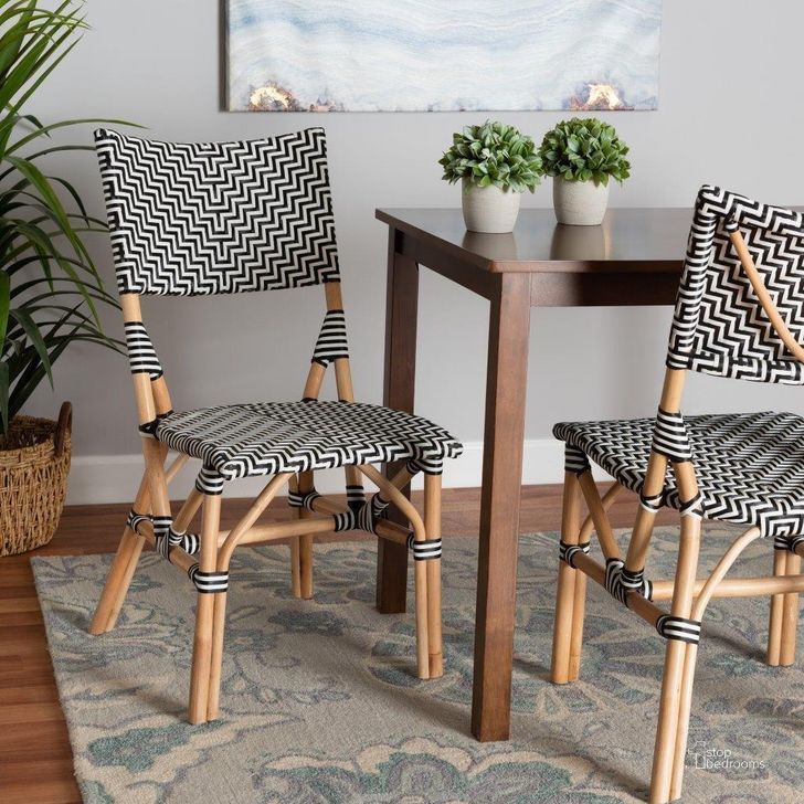 The appearance of Baxton Studio Wagner Modern French Black And White Weaving And Natural Rattan Bistro Chair designed by Baxton Studio in the transitional interior design. This natural brown piece of furniture  was selected by 1StopBedrooms from Wagner Collection to add a touch of cosiness and style into your home. Sku: BC006-Rattan-DC. Material: Natural Rattan. Product Type: Bar Chair. Image1