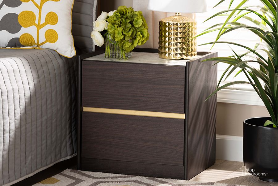 The appearance of Baxton Studio Walker Modern And Contemporary Dark Brown And Gold Finished Wood Nightstand With Faux Marble Top designed by Baxton Studio in the modern / contemporary interior design. This dark brown piece of furniture  was selected by 1StopBedrooms from Walker Collection to add a touch of cosiness and style into your home. Sku: LV25ST2524-Modi Wenge/Marble-NS. Product Type: Nightstand. Material: MDF. Image1