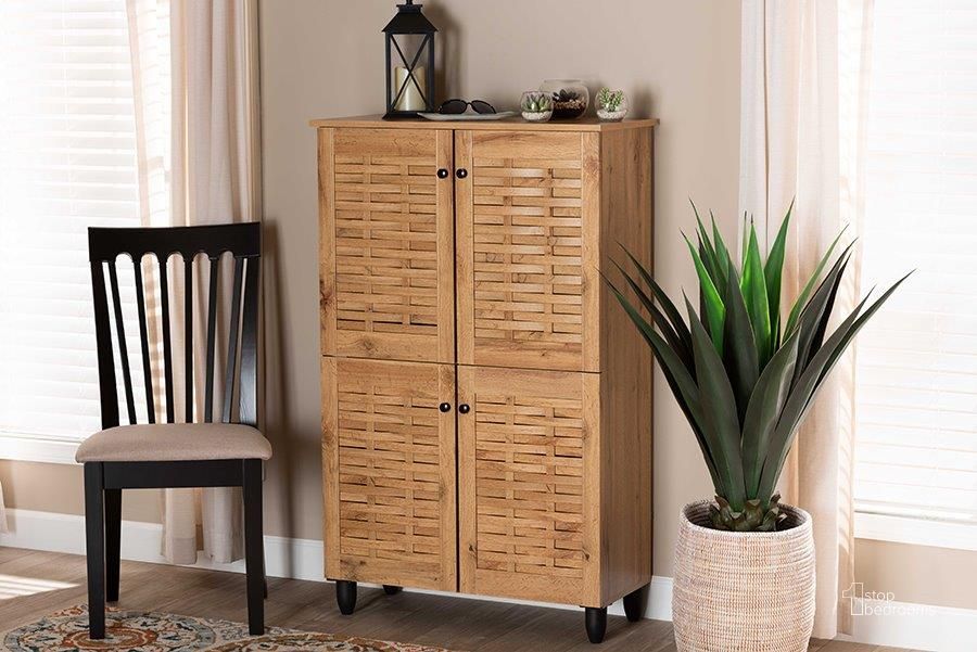 The appearance of Baxton Studio Winda Modern and Contemporary Oak Brown Finished Wood 4-Door Shoe Storage Cabinet designed by Baxton Studio in the modern / contemporary interior design. This oak brown piece of furniture  was selected by 1StopBedrooms from Winda Collection to add a touch of cosiness and style into your home. Sku: SC864574 B-Wotan Oak. Product Type: Storage Cabinet. Material: MDF. Image1