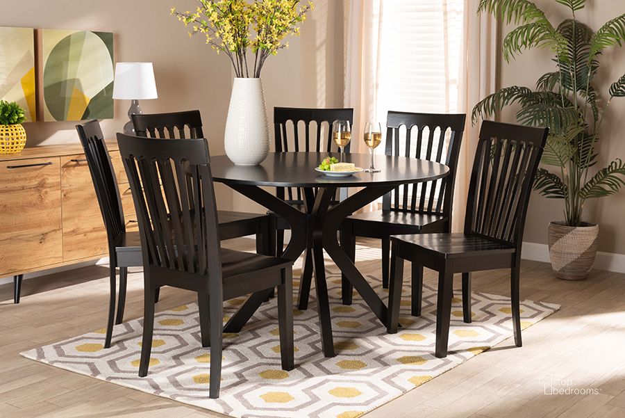The appearance of Baxton Studio Zora Modern And Contemporary Dark Brown Finished Wood 7-Piece Dining Set designed by Baxton Studio in the modern / contemporary interior design. This dark brown piece of furniture  was selected by 1StopBedrooms from Zora Collection to add a touch of cosiness and style into your home. Sku: Zora-Dark Brown-7PC Dining Set. Material: Wood. Product Type: Dining Room Set. Image1