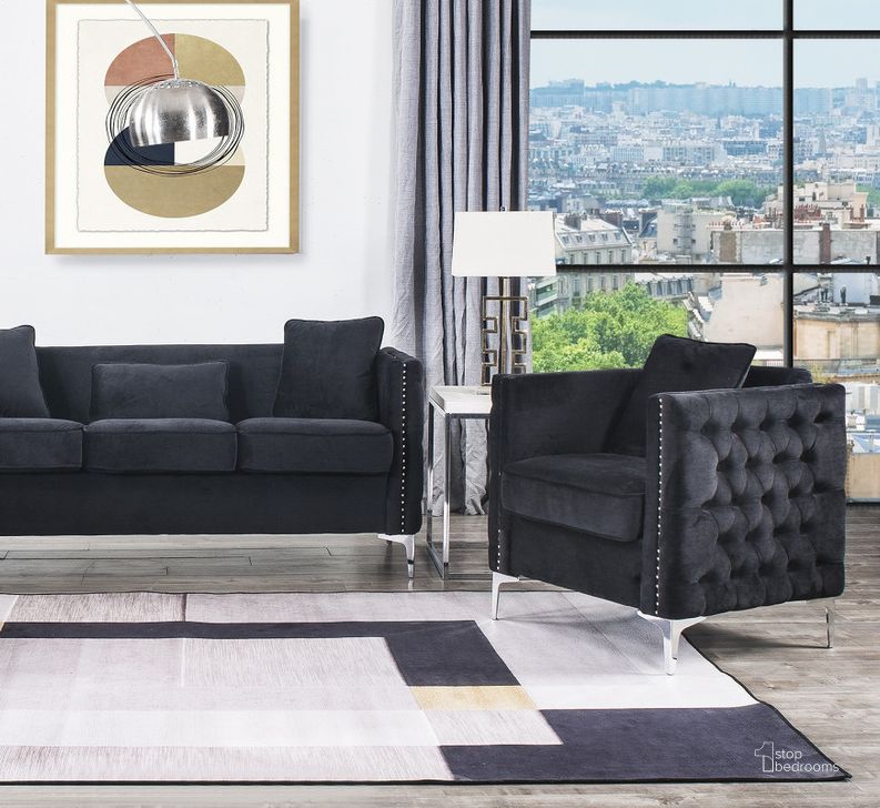 The appearance of Bayberry Black Velvet Chair With 1 Pillow designed by Lilola Home in the modern / contemporary interior design. This black piece of furniture  was selected by 1StopBedrooms from Bayberry Collection to add a touch of cosiness and style into your home. Sku: 89634-C. Material: Wood. Product Type: Living Room Chair. Image1
