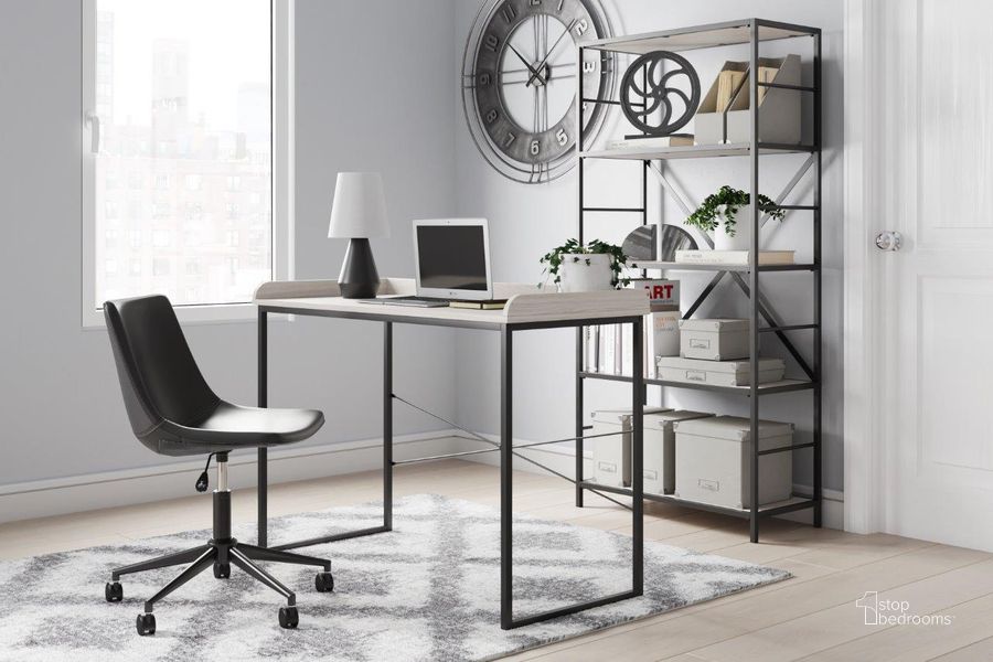 The appearance of Bayflynn White And Black Home Office Set designed by Signature Design by Ashley in the transitional interior design. This white/black piece of furniture  was selected by 1StopBedrooms from Bayflynn Collection to add a touch of cosiness and style into your home. Sku: H288-10;H200-09. Material: Leather Match. Product Type: Home Office Set. Image1