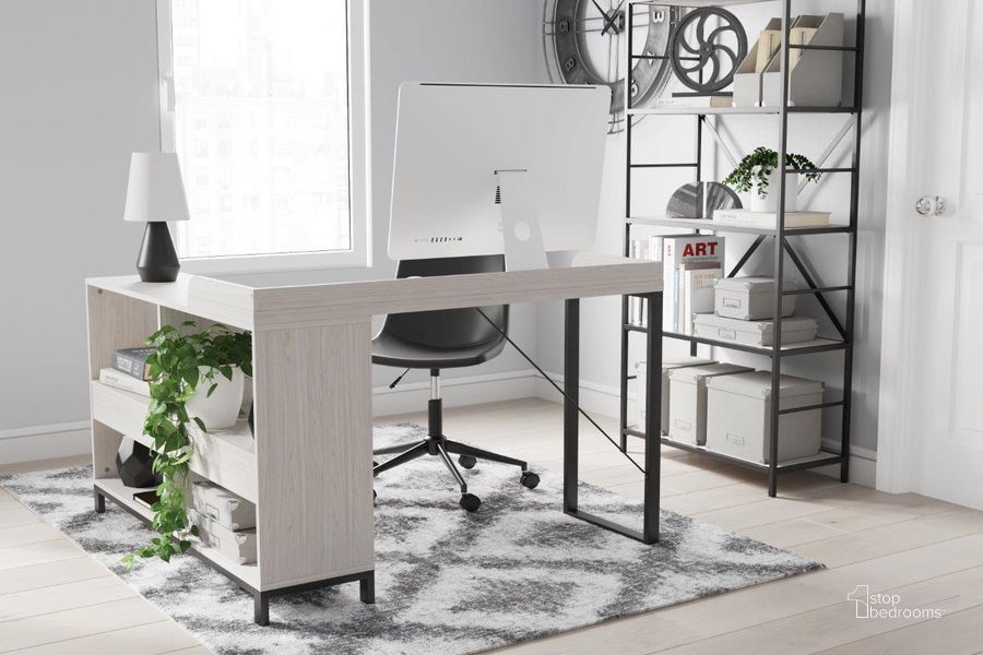 The appearance of Bayflynn White And Black L Shape Home Office Set designed by Signature Design by Ashley in the transitional interior design. This white/black piece of furniture  was selected by 1StopBedrooms from Bayflynn Collection to add a touch of cosiness and style into your home. Sku: H288-24;H200-09. Material: Metal. Product Type: Home Office Set. Image1