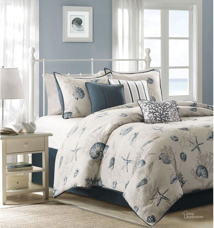 The appearance of Bayside Cotton Printed 7Pcs King Comforter Set In Blue designed by Olliix in the coastal interior design. This blue piece of furniture  was selected by 1StopBedrooms from Bayside Collection to add a touch of cosiness and style into your home. Sku: MP10-505. Bed Size: King. Material: Cotton. Product Type: Comforter Set. Image1