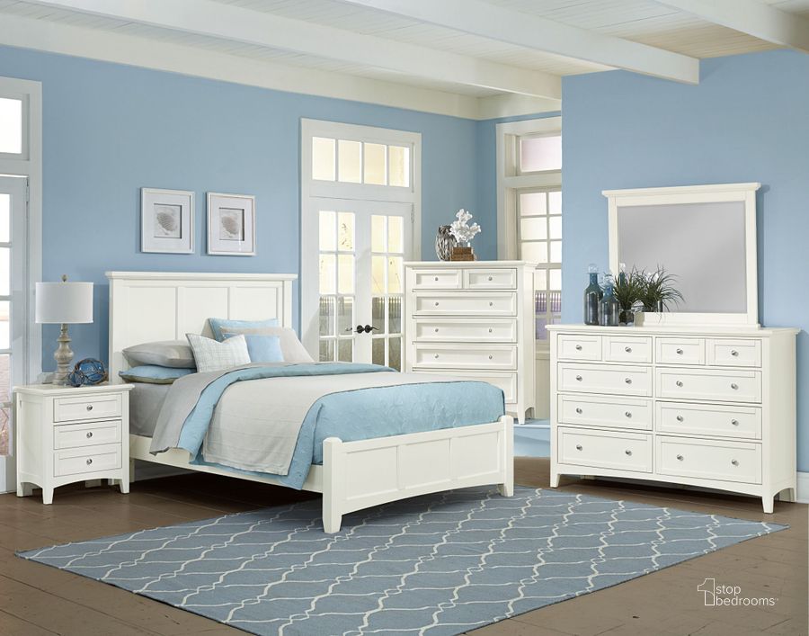 The appearance of Bonanza White Mansion Bedroom Set designed by Vaughan Bassett in the transitional interior design. This white piece of furniture  was selected by 1StopBedrooms from Bonanza Collection to add a touch of cosiness and style into your home. Sku: BB29-226;BB29-558;BB29-855;BB29-922. Product Type: Panel Bed. Bed Size: Queen. Image1