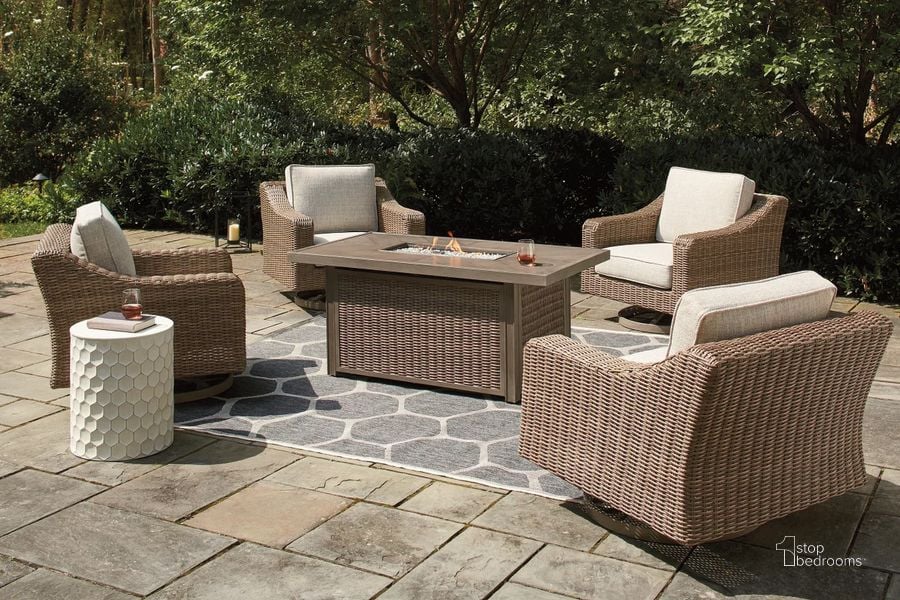 The appearance of Beachcroft Beige Outdoor Rectangular Conversation Set designed by Signature Design by Ashley in the transitional interior design. This beige piece of furniture  was selected by 1StopBedrooms from Beachcroft Collection to add a touch of cosiness and style into your home. Sku: P791-773;P791-821. Material: Fabric. Product Type: Outdoor Conversation Set. Image1
