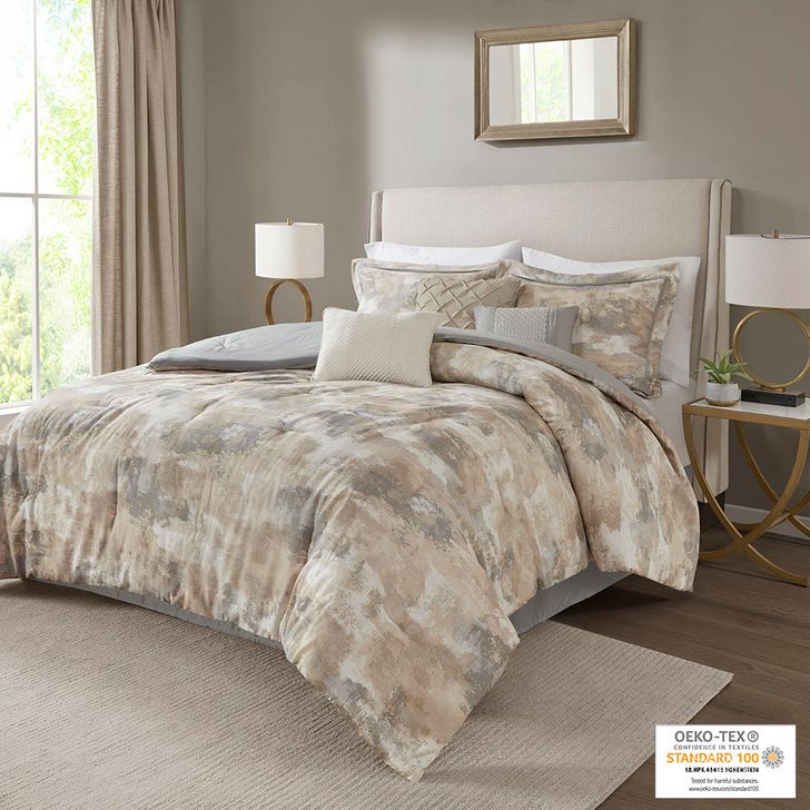 The appearance of Beacon 7 Piece Queen Comforter Set In Gray designed by Olliix in the modern / contemporary interior design. This gray piece of furniture  was selected by 1StopBedrooms from Beacon Collection to add a touch of cosiness and style into your home. Sku: MP10-7382. Material: Polyester. Bed Size: Queen. Product Type: Comforter Set. Image1