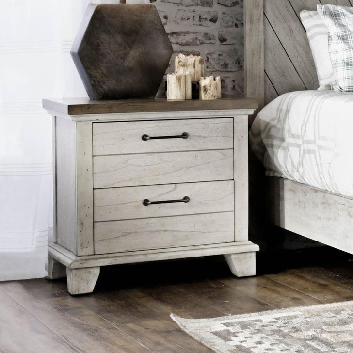 The appearance of Bear Creek Two Drawer Nightstand designed by Steve Silver in the transitional interior design. This ivory piece of furniture  was selected by 1StopBedrooms from Bear Creek Collection to add a touch of cosiness and style into your home. Sku: BC900NS. Product Type: Nightstand. Material: MDF. Image1
