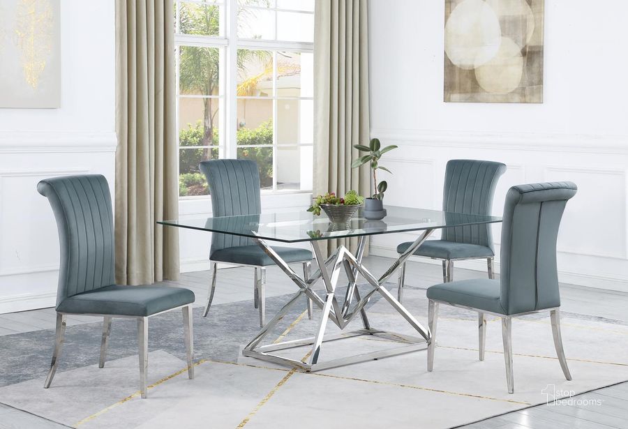 The appearance of Beaufort Chrome Rectangular Glass Dining Room Set designed by Coaster in the transitional interior design. This blue piece of furniture  was selected by 1StopBedrooms from Beaufort Collection to add a touch of cosiness and style into your home. Sku: 109451B1;109451B2;109452. Table Base Style: Trestle. Product Type: Dining Room Set. Table Top Shape: Rectangular. Material: Stainless Steel. Size: 42". Image1