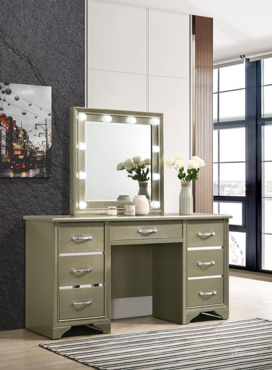 The appearance of Beaumont 7-Drawer Vanity Desk with Lighting Mirror In Champagne designed by Coaster in the glam interior design. This champagne piece of furniture  was selected by 1StopBedrooms from Beaumont Collection to add a touch of cosiness and style into your home. Sku: 205297B1;205297B2. Material: Wood. Product Type: Vanity Desk. Image1