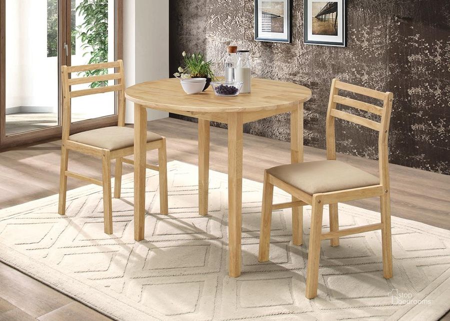 The appearance of Beige 3 Pcs Dining Set designed by Coaster in the transitional interior design. This off white piece of furniture  was selected by 1StopBedrooms from 3 Piece Dining Set Collection to add a touch of cosiness and style into your home. Sku: 130006. Table Top Shape: Round. Material: Wood. Product Type: Dining Room Set. Image1