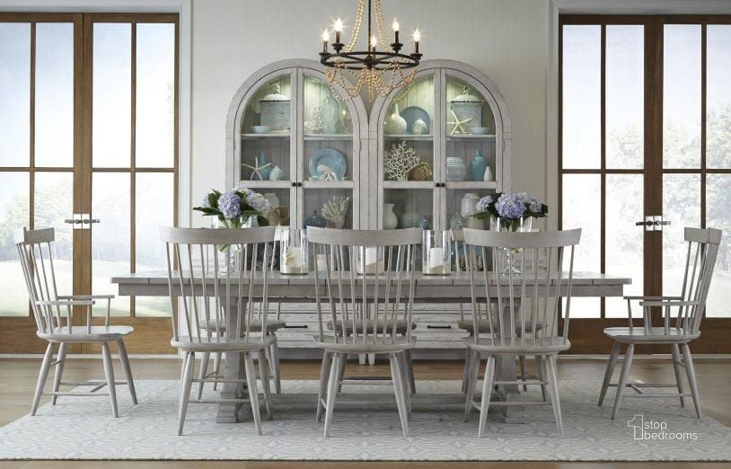 The appearance of Belhaven Weathered Plank Extandable Trestle Dining Room Set designed by Legacy Classic in the transitional interior design. This gray piece of furniture  was selected by 1StopBedrooms from Belhaven Collection to add a touch of cosiness and style into your home. Sku: 9360-140;9360-622B;9360-622T. Table Base Style: Trestle. Product Type: Dining Room Set. Table Top Shape: Rectangular. Material: Rubberwood. Image1