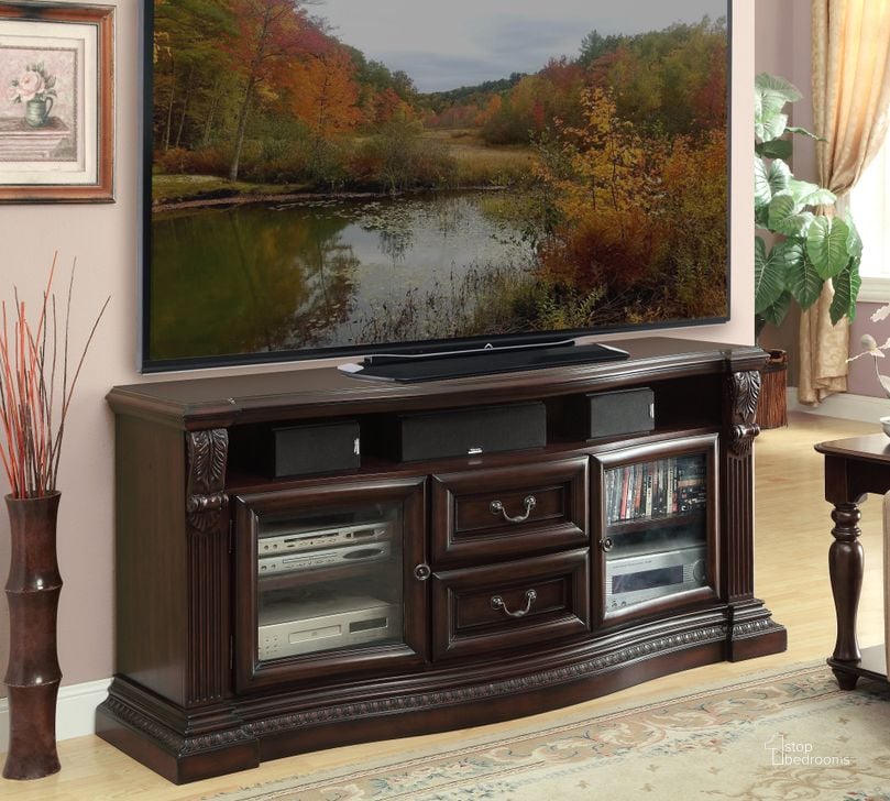 The appearance of Bella 67" TV Console With Power Center designed by Parker House in the traditional interior design. This brown piece of furniture  was selected by 1StopBedrooms from Bella Collection to add a touch of cosiness and style into your home. Sku: BEL#705. Material: Wood. Product Type: TV Stands and TV Console. Image1
