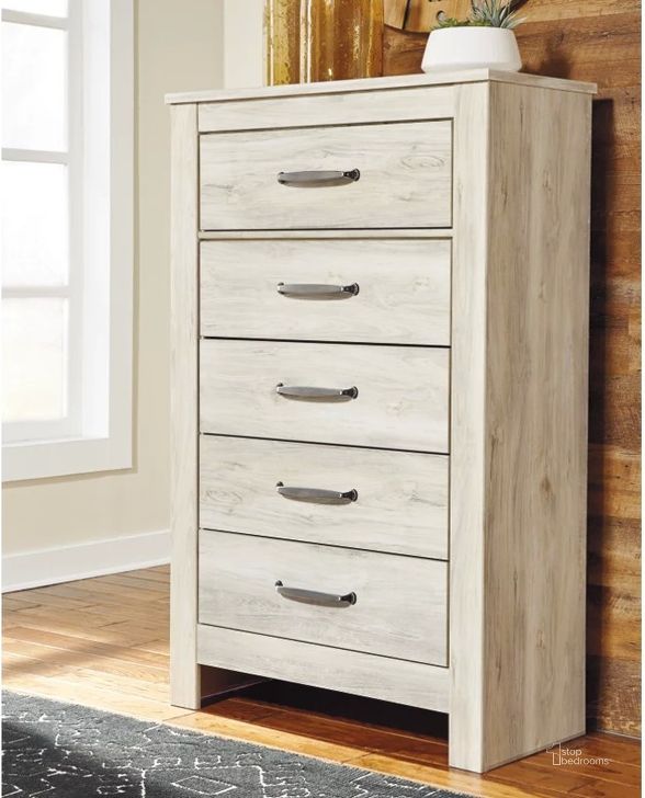 The appearance of Bellaby White Five Drawer Chest designed by Signature Design by Ashley in the transitional interior design. This white wash piece of furniture  was selected by 1StopBedrooms from Bellaby Collection to add a touch of cosiness and style into your home. Sku: B331-46. Material: Wood. Product Type: Chest. Image1
