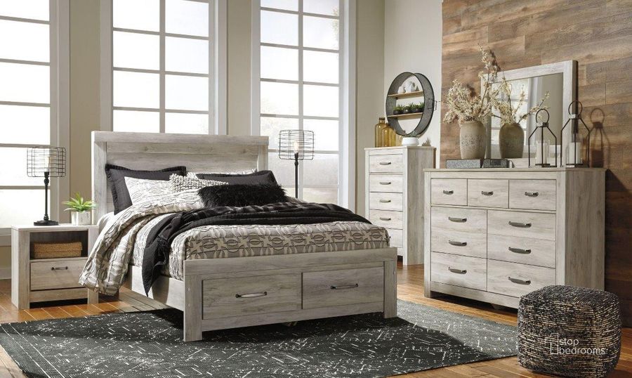 The appearance of Bellaby White Storage Panel Bedroom Set designed by Signature Design by Ashley in the transitional interior design. This white wash piece of furniture  was selected by 1StopBedrooms from Bellaby Collection to add a touch of cosiness and style into your home. Sku: B100-13;B331-54S;B331-57;B331-91;B331-95. Bed Type: Storage Bed. Material: Wood. Product Type: Storage Bed. Bed Size: Queen. Image1