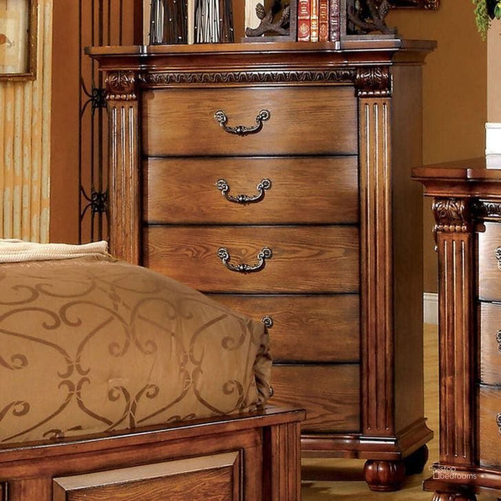 The appearance of Bellagrand Antique Tobacco Oak Chest designed by Furniture of America in the modern / contemporary interior design. This brown piece of furniture  was selected by 1StopBedrooms from Bellagrand Collection to add a touch of cosiness and style into your home. Sku: CM7738C. Material: Wood. Product Type: Chest. Image1