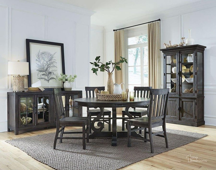 The appearance of Bellamy 60-Inch Round Dining Room Set designed by Magnussen in the traditional interior design. This peppercorn piece of furniture  was selected by 1StopBedrooms from Bellamy Collection to add a touch of cosiness and style into your home. Sku: D2491-23T;D2491-23B;D2491-60. Table Base Style: Trestle. Table Top Shape: Round. Product Type: Dining Room Set. Material: Pine. Size: 60". Image1