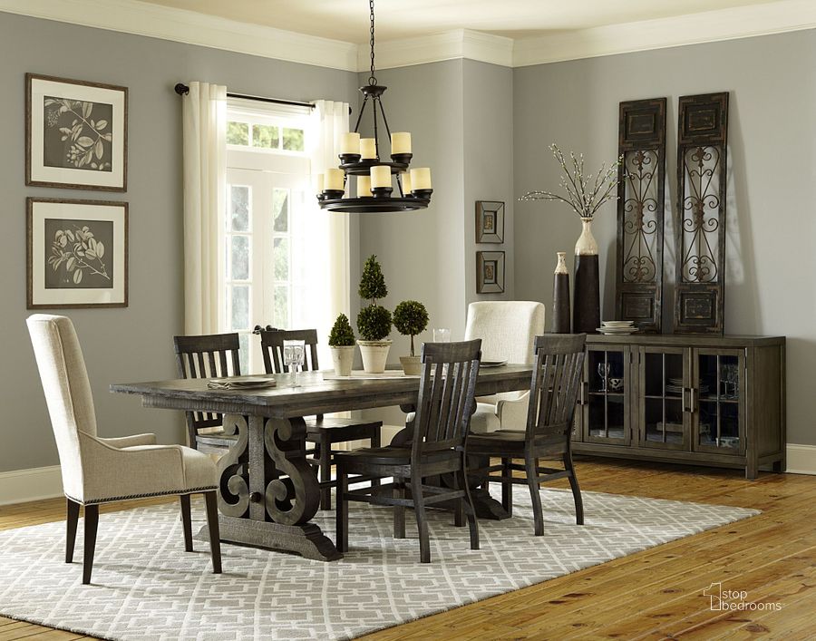 The appearance of Bellamy Rectangular Dining Room Set designed by Magnussen in the country / farmhouse interior design. This black piece of furniture  was selected by 1StopBedrooms from Bellamy Collection to add a touch of cosiness and style into your home. Sku: D2491-20T;D2491-20B;D2503-63. Table Base Style: Trestle. Material: Wood. Product Type: Dining Room Set. Table Top Shape: Rectangular. Image1