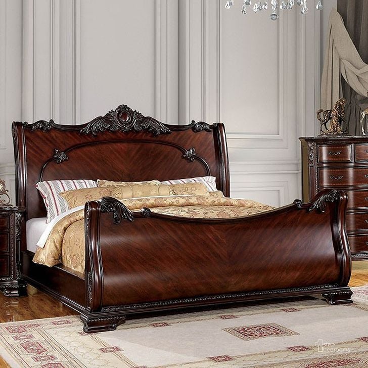The appearance of Bellefonte Brown Cherry Queen Sleigh Bed designed by Furniture of America in the modern / contemporary interior design. This brown piece of furniture  was selected by 1StopBedrooms from Bellefonte Collection to add a touch of cosiness and style into your home. Sku: CM7277Q-HB;CM7277Q-FB;CM7277Q-R. Bed Type: Sleigh Bed. Material: Wood. Product Type: Sleigh Bed. Bed Size: Queen. Image1