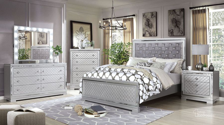 The appearance of Belleterre California King Bed In Silver designed by Furniture of America in the glam interior design. This silver piece of furniture  was selected by 1StopBedrooms from Belleterre Collection to add a touch of cosiness and style into your home. Sku: CM7518K-FB;CM7518K-HB;CM7518CK-R. Bed Type: Panel Bed. Material: Wood. Product Type: Panel Bed. Bed Size: California King. Image1
