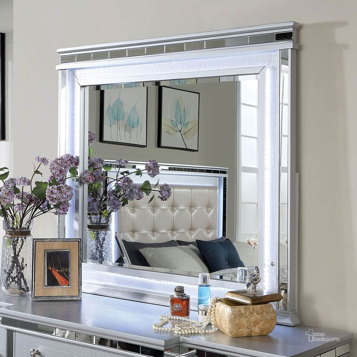 The appearance of Bellinzona Mirror In Silver designed by Furniture of America in the modern / contemporary interior design. This silver piece of furniture  was selected by 1StopBedrooms from Bellinzona Collection to add a touch of cosiness and style into your home. Sku: CM7992M. Material: Wood. Product Type: Mirror. Image1