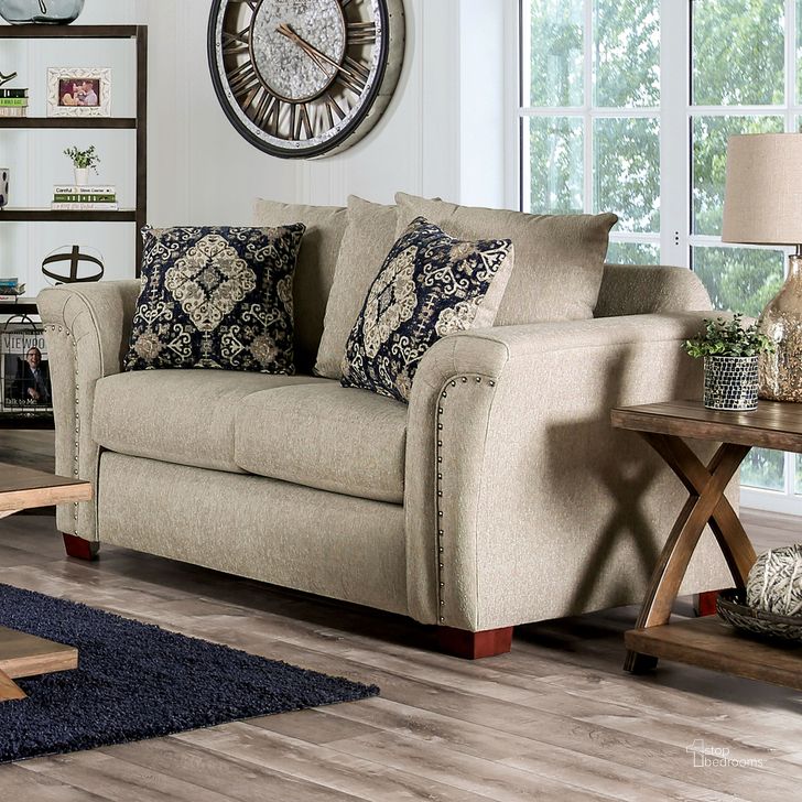 The appearance of Belsize Loveseat In Beige and Navy designed by Furniture of America in the transitional interior design. This beige and navy piece of furniture  was selected by 1StopBedrooms from Belsize Collection to add a touch of cosiness and style into your home. Sku: SM6438-LV. Material: Wood. Product Type: Loveseat. Image1