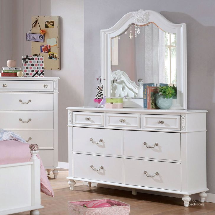 The appearance of Belva Dresser In White designed by Furniture of America in the traditional interior design. This white piece of furniture  was selected by 1StopBedrooms from Belva Collection to add a touch of cosiness and style into your home. Sku: CM7174D. Material: Wood. Product Type: Dresser. Image1