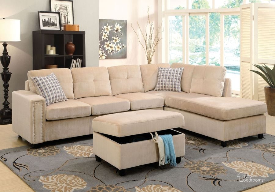 The appearance of Belville Beige Velvet Reversible Sectional designed by ACME in the transitional interior design. This beige piece of furniture  was selected by 1StopBedrooms from Belville Collection to add a touch of cosiness and style into your home. Sku: 52705SOF;52706CHA. Material: Fabric. Product Type: Sectional. Key Features: Tufted. Layout: L-Shape.