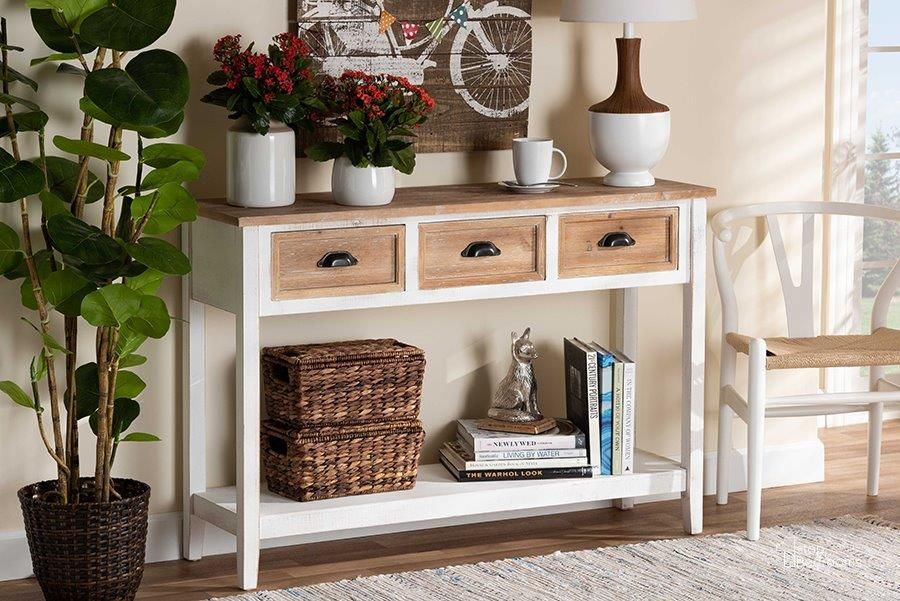 The appearance of Benedict Traditional Farmhouse and Rustic Two-Tone White and Oak Brown Finished Wood 3-Drawer Console Table designed by Baxton Studio in the traditional interior design. This oak brown piece of furniture  was selected by 1StopBedrooms from Benedict Collection to add a touch of cosiness and style into your home. Sku: JY19Y1066-White/Oak-Console. Product Type: Console Table. Material: MDF. Image1