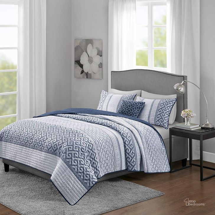 The appearance of Bennett Polyester Reversible Jacquard Queen Coverlet Set In Navy designed by Olliix in the traditional interior design. This navy piece of furniture  was selected by 1StopBedrooms from Bennett Collection to add a touch of cosiness and style into your home. Sku: MP13-7395. Material: Polyester. Bed Size: Queen. Product Type: Coverlet Set. Image1