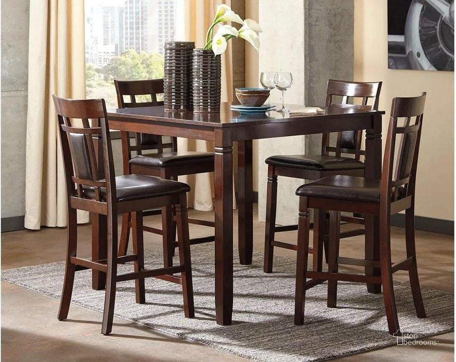 The appearance of Bennox Brown 5 Piece Counter Height Dining Room Set designed by Signature Design by Ashley in the transitional interior design. This brown piece of furniture  was selected by 1StopBedrooms from Bennox Collection to add a touch of cosiness and style into your home. Sku: D384-223. Product Type: Dining Room Set. Material: Leather Match. Table Top Shape: Rectangular. Image1