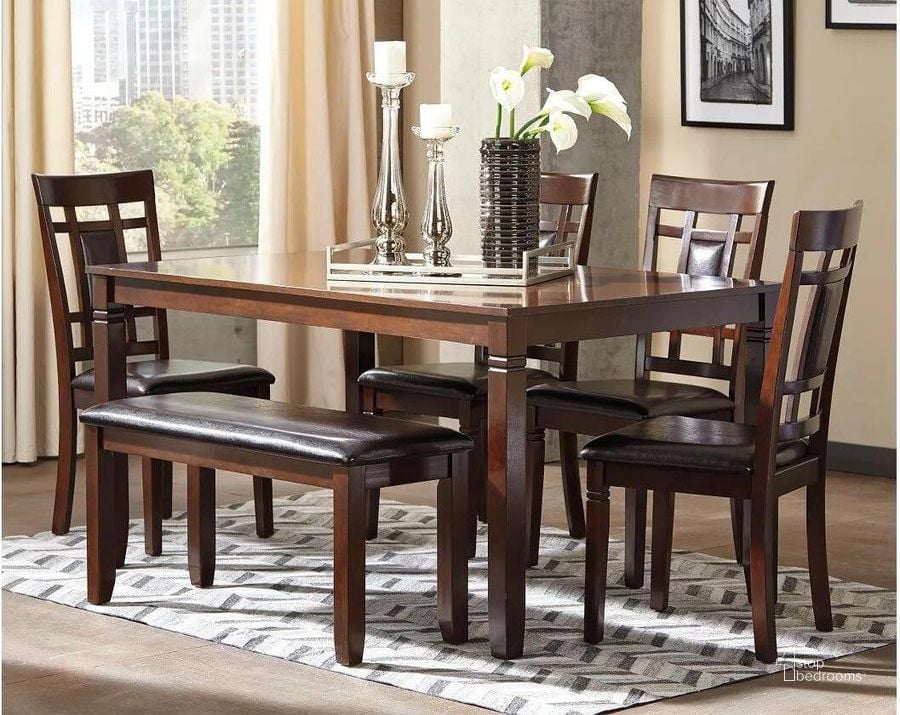The appearance of Bennox Brown 6 Piece Rectangular Dining Room Set designed by Signature Design by Ashley in the transitional interior design. This brown piece of furniture  was selected by 1StopBedrooms from Bennox Collection to add a touch of cosiness and style into your home. Sku: D384-325. Material: Wood. Product Type: Dining Room Set. Table Top Shape: Rectangular. Image1