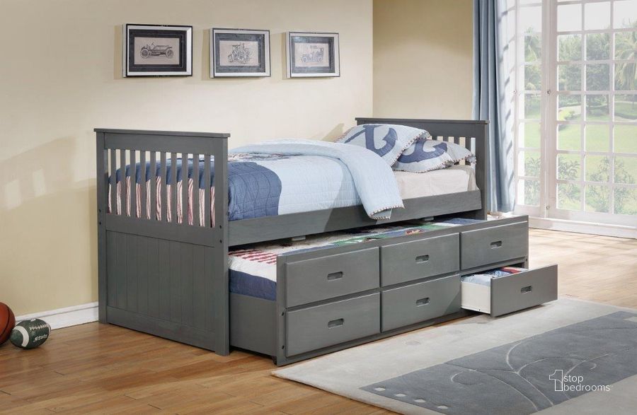 The appearance of Benny Twin Captain Bed With Twin Trundle and 3 Drawers In Grey designed by US Tamex in the transitional interior design. This gray piece of furniture  was selected by 1StopBedrooms from Benny Collection to add a touch of cosiness and style into your home. Sku: E4541131-A;E4541131-B. Bed Type: Storage Bed. Material: Wood. Product Type: Storage Bed. Bed Size: Twin. Image1