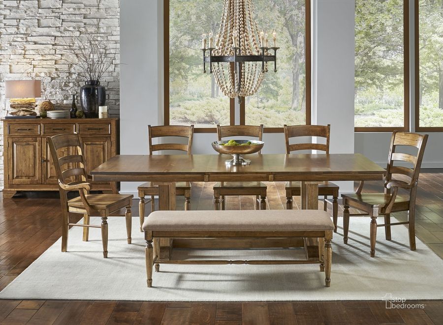 The appearance of Bennett Smoky Quartz Extendable Rectangular Trestle Dining Room Set designed by A-America in the traditional interior design. This brown piece of furniture  was selected by 1StopBedrooms from Bennett Collection to add a touch of cosiness and style into your home. Sku: BENSQ630B;BENSQ630T;BENSQ2552. Table Base Style: Trestle. Product Type: Dining Room Set. Table Top Shape: Rectangular. Material: Birch. Image1