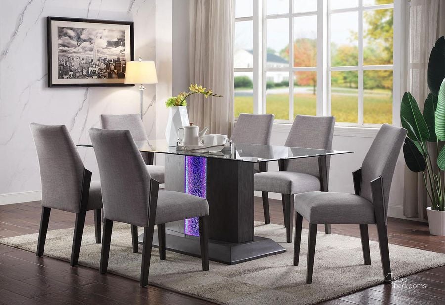 The appearance of Bernice Dining Room Set (Gray Oak) designed by ACME in the transitional interior design. This gray oak piece of furniture  was selected by 1StopBedrooms from Bernice Collection to add a touch of cosiness and style into your home. Sku: 72290ST;72291GL;72292. Table Base Style: Pedestal. Material: Wood. Product Type: Dining Room Set. Table Top Shape: Rectangular. Image1