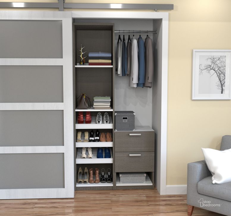 The appearance of Cielo By Deluxe Bark Gray and White 39" Reach In Closet designed by Bestar in the modern / contemporary interior design. This gray piece of furniture  was selected by 1StopBedrooms from Cielo Collection to add a touch of cosiness and style into your home. Sku: 80850-47. Material: Wood. Product Type: Armoire. Image1