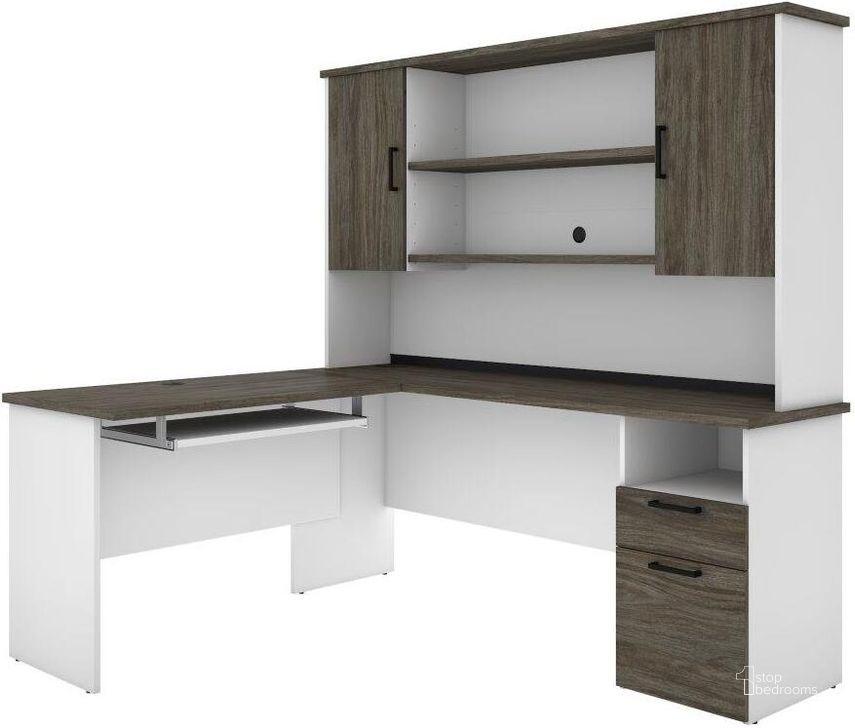 The appearance of Bestar Norma L-shaped Desk with Hutch - Walnut Grey and White designed by Bestar in the modern / contemporary interior design. This walnut gray piece of furniture  was selected by 1StopBedrooms from Norma Collection to add a touch of cosiness and style into your home. Sku: 181850-000035. Material: Wood. Product Type: Desk & Hutch. Image1