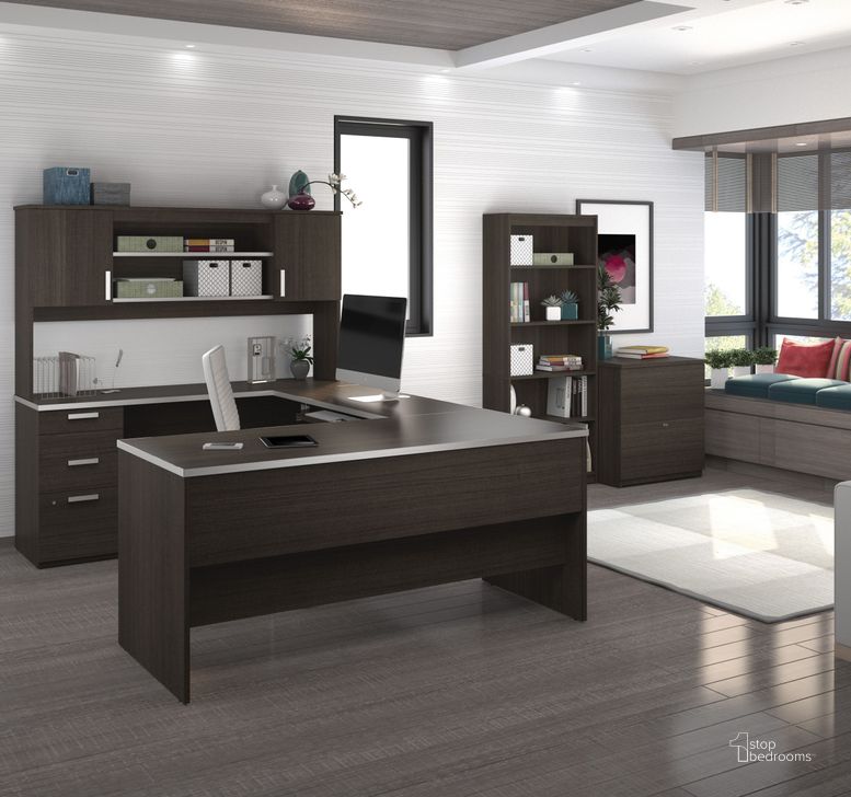 The appearance of Ridgeley Dark Chocolate U Shaped Desk with Lateral File and Bookcase designed by Bestar in the modern / contemporary interior design. This brown piece of furniture  was selected by 1StopBedrooms from Ridgeley Collection to add a touch of cosiness and style into your home. Sku: 52850-79. Material: Wood. Product Type: Home Office Set. Image1
