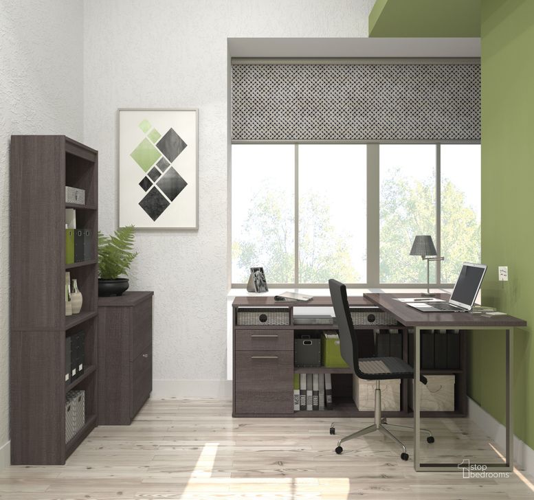 The appearance of Solay Bark Gray L Shaped Desk with Lateral File and Bookcase designed by Bestar in the modern / contemporary interior design. This gray piece of furniture  was selected by 1StopBedrooms from Solay Collection to add a touch of cosiness and style into your home. Sku: 29851-47. Material: Wood. Product Type: Home Office Set. Image1