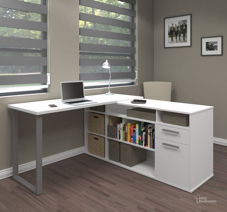 The appearance of Solay White L Shaped Desk designed by Bestar in the modern / contemporary interior design. This white piece of furniture  was selected by 1StopBedrooms from Solay Collection to add a touch of cosiness and style into your home. Sku: 29420-17. Material: Wood. Product Type: Desk. Image1
