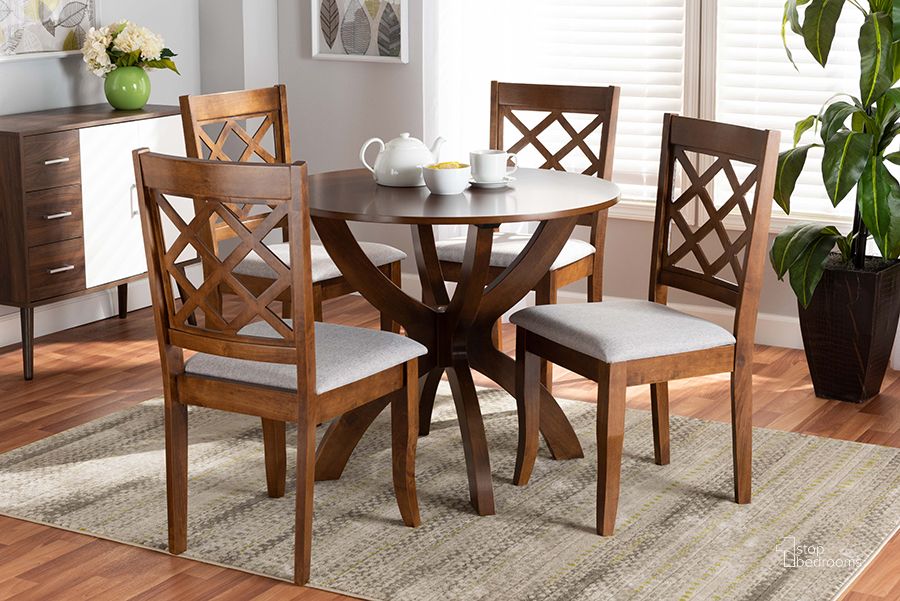 The appearance of Beth Modern and Contemporary Grey Fabric Upholstered and Walnut Brown Finished Wood 5-Piece Dining Set designed by Baxton Studio in the modern / contemporary interior design. This walnut piece of furniture  was selected by 1StopBedrooms from Beth Collection to add a touch of cosiness and style into your home. Sku: Beth-Grey/Walnut-5PC Dining Set. Product Type: Dining Room Set. Material: Rubberwood. Image1