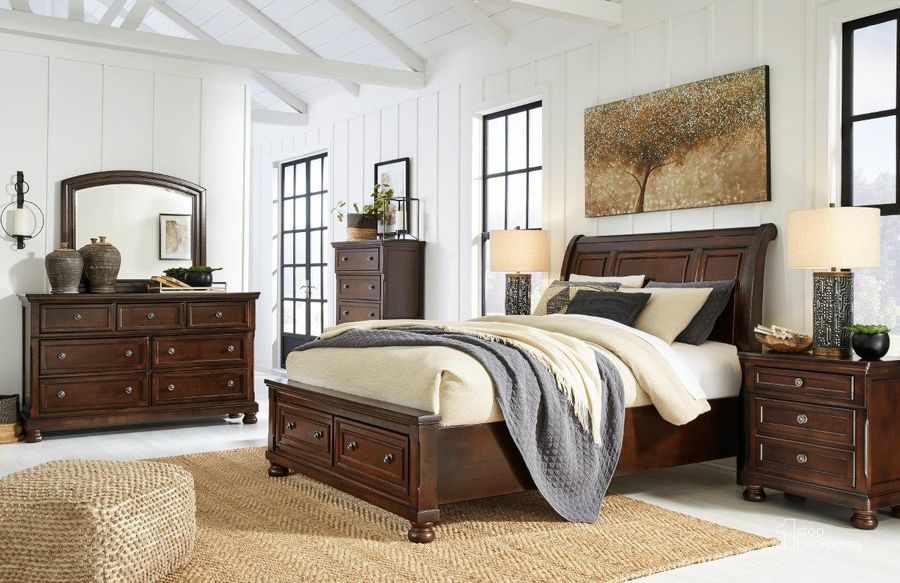 The appearance of Bettie Rustic Brown Sleigh Bed Bedroom Set designed by Bennett Interiors in the transitional interior design. This rustic brown piece of furniture  was selected by 1StopBedrooms from Bettie Collection to add a touch of cosiness and style into your home. Sku: B697-74;B697-77;B697-98;B697-92. Bed Type: Storage Bed. Material: Wood. Product Type: Storage Bed. Bed Size: Queen. Image1