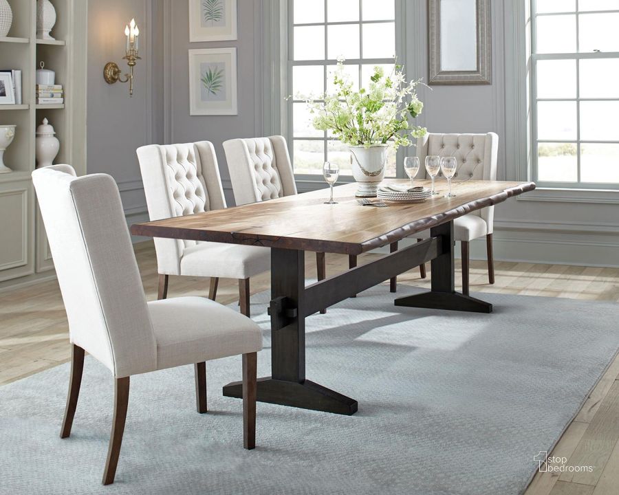 The appearance of Bexley Natural Honey Dining Room Set designed by Coaster in the transitional interior design. This brown piece of furniture  was selected by 1StopBedrooms from Bexley Collection to add a touch of cosiness and style into your home. Sku: 110331;105143. Table Base Style: Trestle. Material: Wood. Product Type: Dining Room Set. Table Top Shape: Rectangular. Image1
